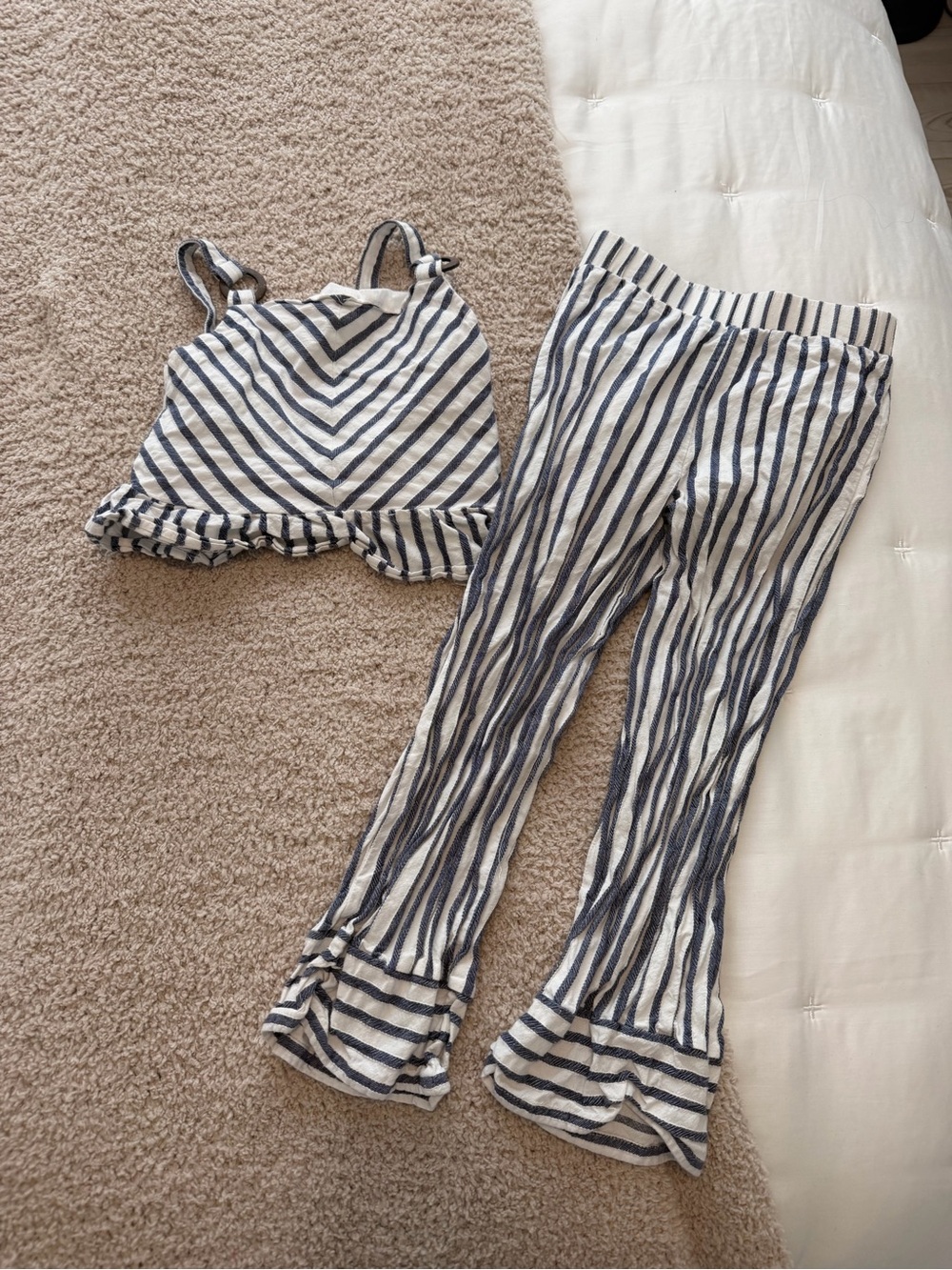 Girls' Navy and White Striped Ruffle-Leg Matching Set